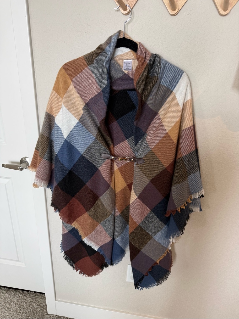 Multi-Color Plaid Hooded Shawl Poncho - Cozy Layer